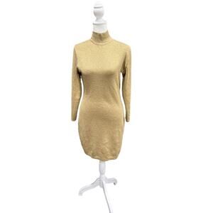 Vintage Gold Dress Medium Petites Wool Shimmer Bold Mock Neck Mob Wife‎